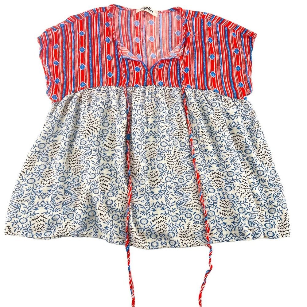 Haptics By Holly Harper Womens Medium Blouse boho Peasant Pullover red blue